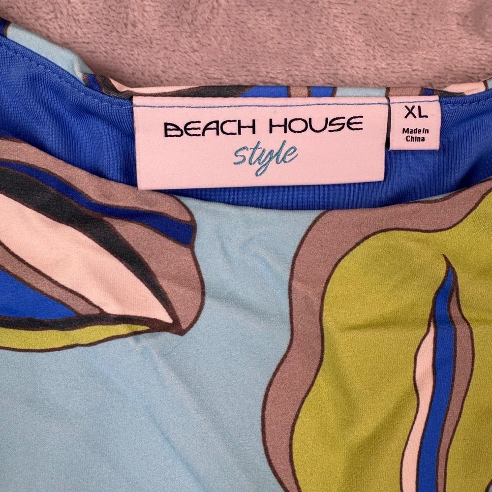 Beach House Style Womens XL Blue Tropical Floral Swim‎ Cover-Up Dress Cap Sleeve